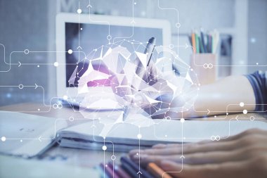 Arka planda beyin hologramıyla el yazısına çok maruz kalmış. Kendi kendine öğrenme kavramı.