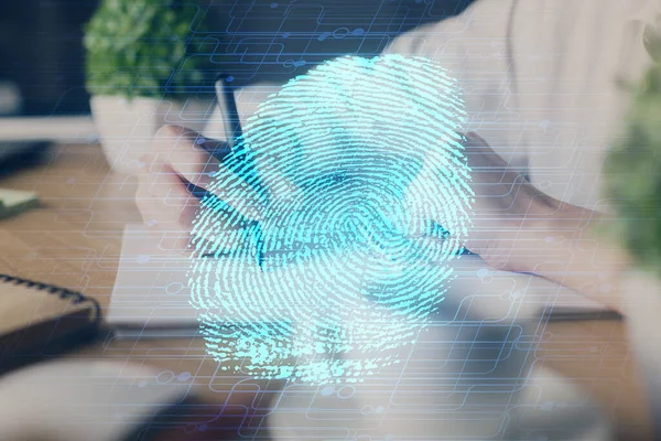 Blaues Hologramm mit Fingerabdrücken über Händen, die Notizen machen. Sicherheitskonzept. Doppelbelastung — Stockfoto