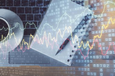 Forx grafik çizimi ve çalışma masası üst veiw çoklu pozlama. Mali analiz kavramı.