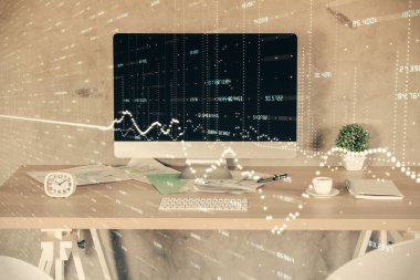 Finansal grafik çizimi ve ofis içi arka planının çoklu pozu. Pazar analizi kavramı.