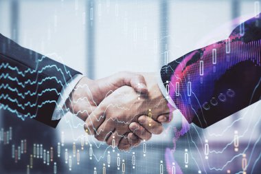 Forx grafik hologramı ve iki adamın el sıkışması. Borsa konsepti.