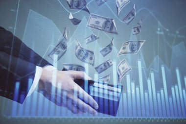 Finansal grafiğe çoklu pozlama hologram, Amerikan dolarları ve insan eli. Analiz kavramı.