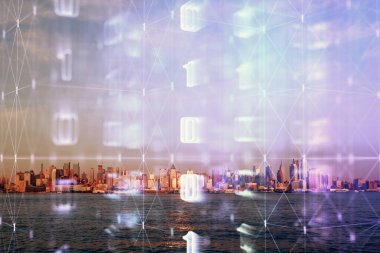 Veri temalı hologram gökdelenler arka planda çoklu pozlama ile şehir görünümüne çizim yapıyor. Büyük veri kavramı.