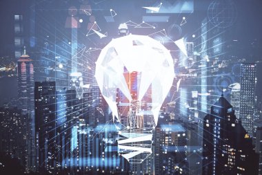 Ampul hologram çizimine ve şehir manzarasına çoklu maruz kalma. Fikir kavramı.
