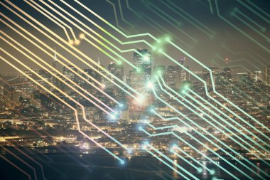 Veri temalı hologram gökdelenler arka planda çoklu pozlama ile şehir görünümüne çizim yapıyor. Ai kavramı.