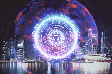 Teknoloji temalı hologramın ve şehrin arka planının iki katına çıkarılması. Yüksek Teknoloji kavramı.