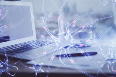 Masaüstü bilgisayar arkaplanı ve nöron çizimi. Çifte maruziyet. Eğitim kavramı.