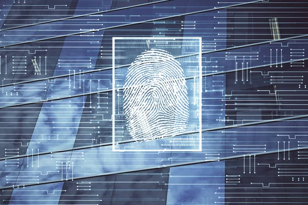 Doppelbelichtung von Fingerabdruck-Hologramm und Hintergrund der Stadtlandschaft. Konzept der persönlichen Sicherheit. — Stockfoto