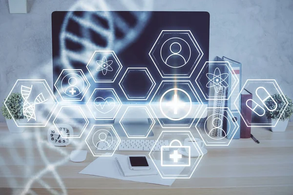 Desktop-Computer Hintergrund und DNA-Zeichnung. Doppelbelichtung. Wissenschaftskonzept. — Stockfoto