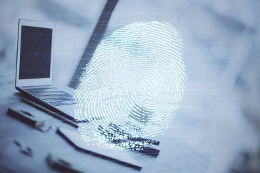 Ofisteki bilgisayarın parmak izi çizimi. Çifte maruziyet. İş veri güvenliği kavramı.