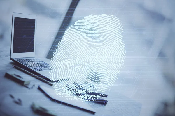 Ofisteki bilgisayarın parmak izi çizimi. Çifte maruziyet. İş veri güvenliği kavramı.