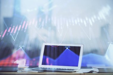 Bilgisayar geçmişi olan eski grafik hologramı. Çoklu maruz kalma. Finans piyasası kavramı.