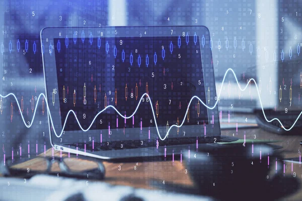 Finansiell diagram ritning och tabell med dator på bakgrunden. Multiexponering. Begreppet internationella marknader. — Stockfoto