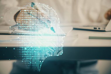 Arka plana beyin hologramıyla el yazısı yazan kadınların çoklu pozları. Beyin fırtınası kavramı.