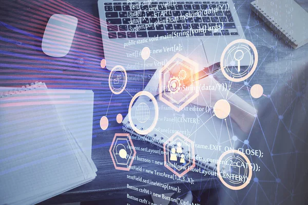 Exposición múltiple de la escritura manos en el fondo con holograma de la solución de datos. Concepto tecnológico. —  Fotos de Stock