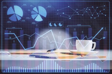 Önx grafik çizimi ve masaüstü ile kahve ve masa arkasındaki öğelerin çoklu pozlandırılması. Finansal piyasa ticareti kavramı
