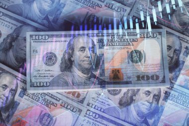 Forx grafiğinin çok sayıda görüntüsü bize dolar banknotları arka planında görünüyor. Finansal başarı piyasası kavramı.