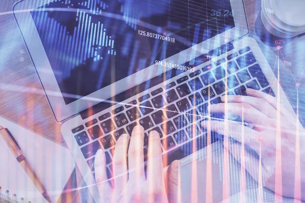 Double exposure of mans hands typing over computer keyboard and forex graph hologram drawing. Top view. Financial markets concept. — Stock Photo, Image