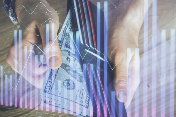 Multi blootstelling van forex grafiek tekenen hologram en Amerikaanse dollars biljetten en man handen. Technisch analyseconcept. — Stockfoto