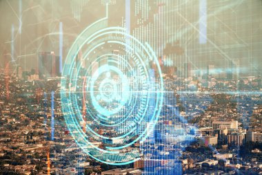 Veri temalı hologram gökdelenlerin arka planında çift pozlama ile şehir görünümüne çizim yapıyor. Teknoloji konsepti.