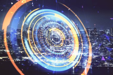 Teknoloji temalı hologramın ve şehrin arka planının iki katına çıkarılması. Yüksek Teknoloji kavramı.