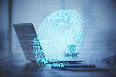 Ofisteki bilgisayarın parmak izi çizimi. Çifte maruziyet. İş veri güvenliği kavramı.
