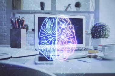 Bilgisayar ve insan beyninin hologram çizdiği çalışma alanının iki katına çıkarılması. Beyin fırtınası konsepti.