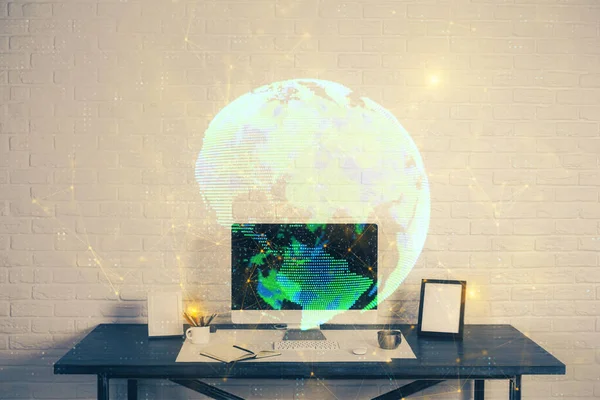 Computer on desktop with social network hologram. Multi exposure. Concept of international people connections. — Stock Photo, Image