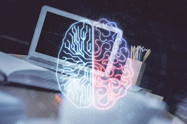 Exposición múltiple del espacio de trabajo con holograma de computadora y cerebro humano. Concepto de tormenta de ideas. —  Fotos de Stock