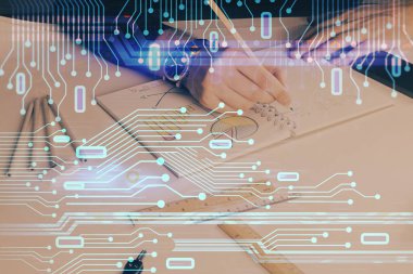 Teknoloji temalı insan elleri çift pozlama çizimleri.