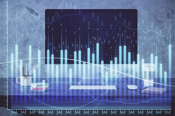 Financial market graph hologram and personal computer on background. Multi exposure. Concept of forex. — Stock Photo, Image