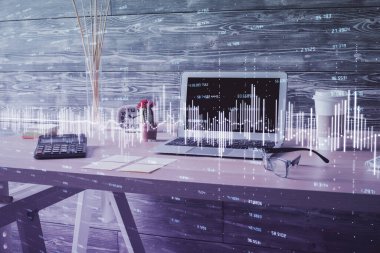 Finansal grafik çizimine ve ofis içi arka planına çifte maruz kalma. Borsa konsepti.