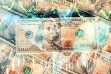 Forx grafiğinin çok sayıda görüntüsü bize dolar banknotları arka planında görünüyor. Finansal başarı piyasası kavramı.