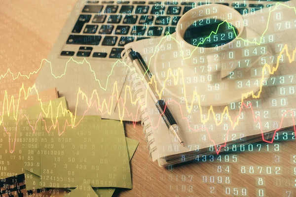 Double exposure of forex chart drawing and desktop with coffee and items on table background. Concept of financial market trading — Stock Photo, Image