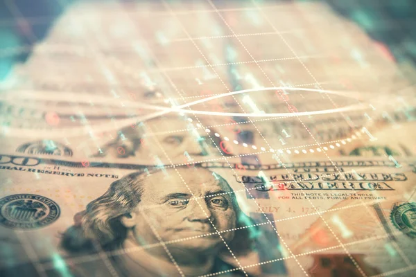 Подвійне експонування графіка форекс, що малює над нами доларів фону рахунку. концепція фінансових ринків . — стокове фото