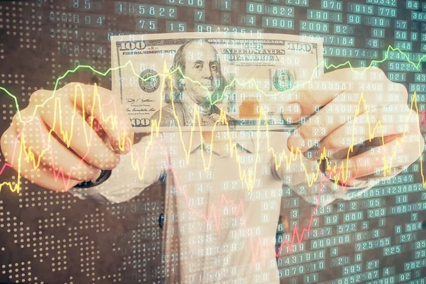 Forex 그래프의 다양 한 노출은 홀로 그램 과 미국 달러 지폐와 사람 손을 그리고 있다. 기술 분석 개념. — 스톡 사진