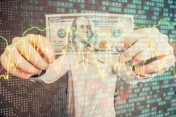 Multi exposure of forex graph drawing hologram and USA dollars bills and man hands. Technical Analysis concept. — Stock Photo, Image