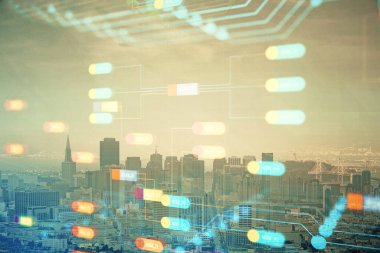 Veri temalı hologram gökdelenlerin arka planında çift pozlama ile şehir görünümüne çizim yapıyor. Teknoloji konsepti.