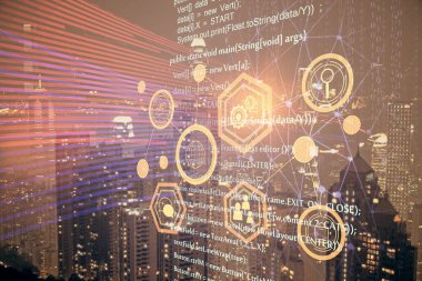 Veri temalı hologram gökdelenlerin arka planında çift pozlama ile şehir görünümüne çizim yapıyor. Ai kavramı.