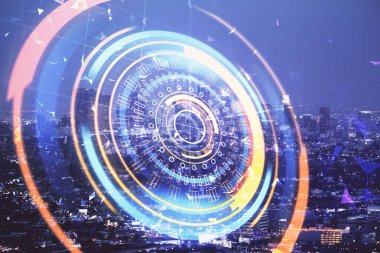 Teknoloji temalı hologramın ve şehrin arka planının iki katına çıkarılması. Yüksek Teknoloji kavramı.