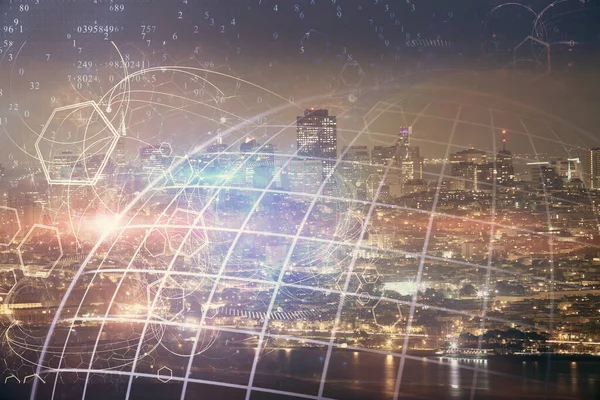 Şehir görünümünde harita ve veri temalı hologram ile gökdelenler arka planda çift pozlama. İş kavramında uluslararası teknoloji. — Stok fotoğraf