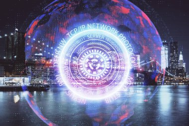 Teknoloji temalı hologramın ve şehrin arka planının iki katına çıkarılması. Yüksek Teknoloji kavramı.