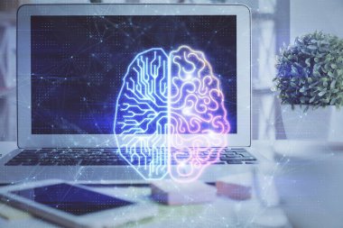 Bilgisayar ve insan beyninin hologram çizdiği çalışma alanının iki katına çıkarılması. Beyin fırtınası konsepti.