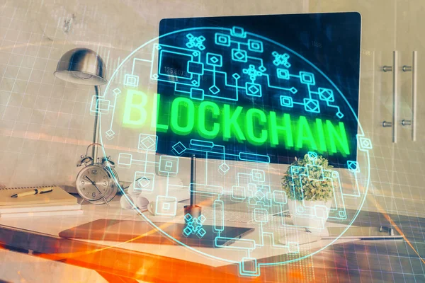 Double exposure of blockchain theme hologram and table with computer background. Concept of bitcoin crypto currency. — Stock Photo, Image