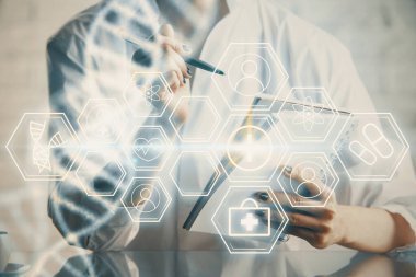 Kadınların el yazısı üzerine DNA temalı hologram. Eğitim kavramı. Çift pozlama