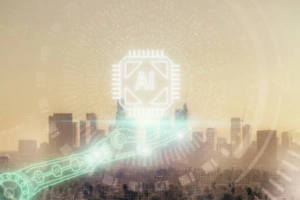 Data thema hologram tekening op uitzicht op de stad met wolkenkrabbers achtergrond multi blootstelling. Bigdata-concept. — Stockfoto