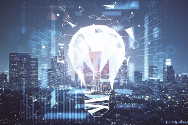 Ampul hologram çizimine ve şehir manzarasına çoklu maruz kalma. Fikir kavramı.