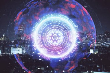 Teknoloji temalı hologramın ve şehrin arka planının iki katına çıkarılması. Yüksek Teknoloji kavramı.