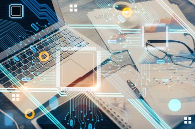 Arkaplanda bilgisayar ve veri teması çizimi olan tablonun çifte pozlandırılması. Yenilik kavramı.