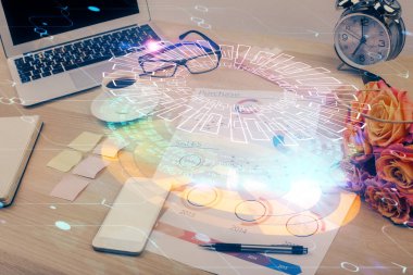 Arkaplanda bilgisayar ve veri temalı çizim tablosu çoklu pozlama. Yenilik kavramı.